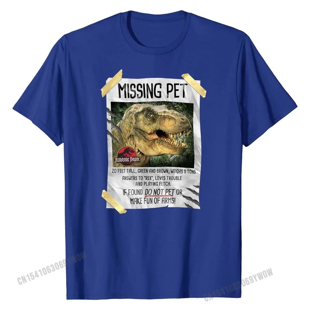 

Jurassic Park Missing Pet T-Rex Poster Taped Graphic T-Shirt Normal Cotton Men Tops Shirts Print Funny Tshirts