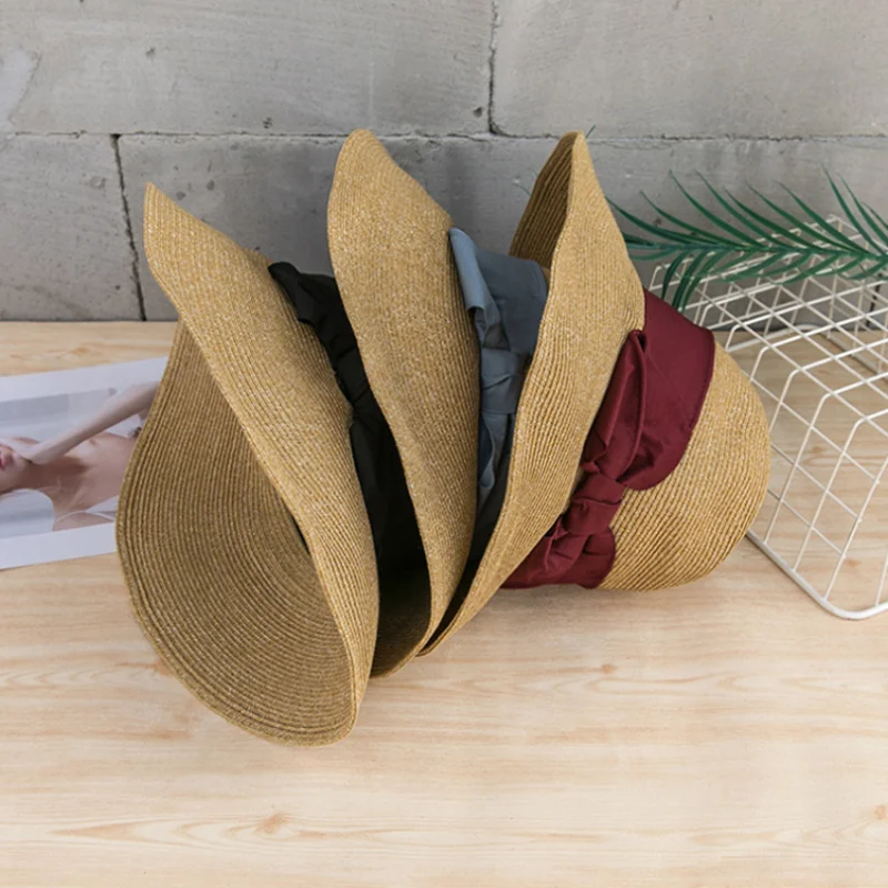 

Big Bow Wide Brim Floppy Summer Hats For Women Beach Panama Straw hat Sun Protection Visor Femme Cap