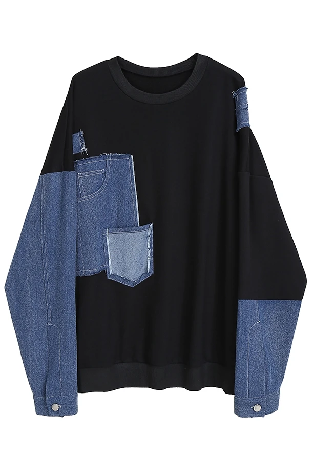 

Spring Denim Hoodie Women's Casual Contrast Color Round Neck Sweater Hong Kong Style All-Matching T-shirt Women's Sweater