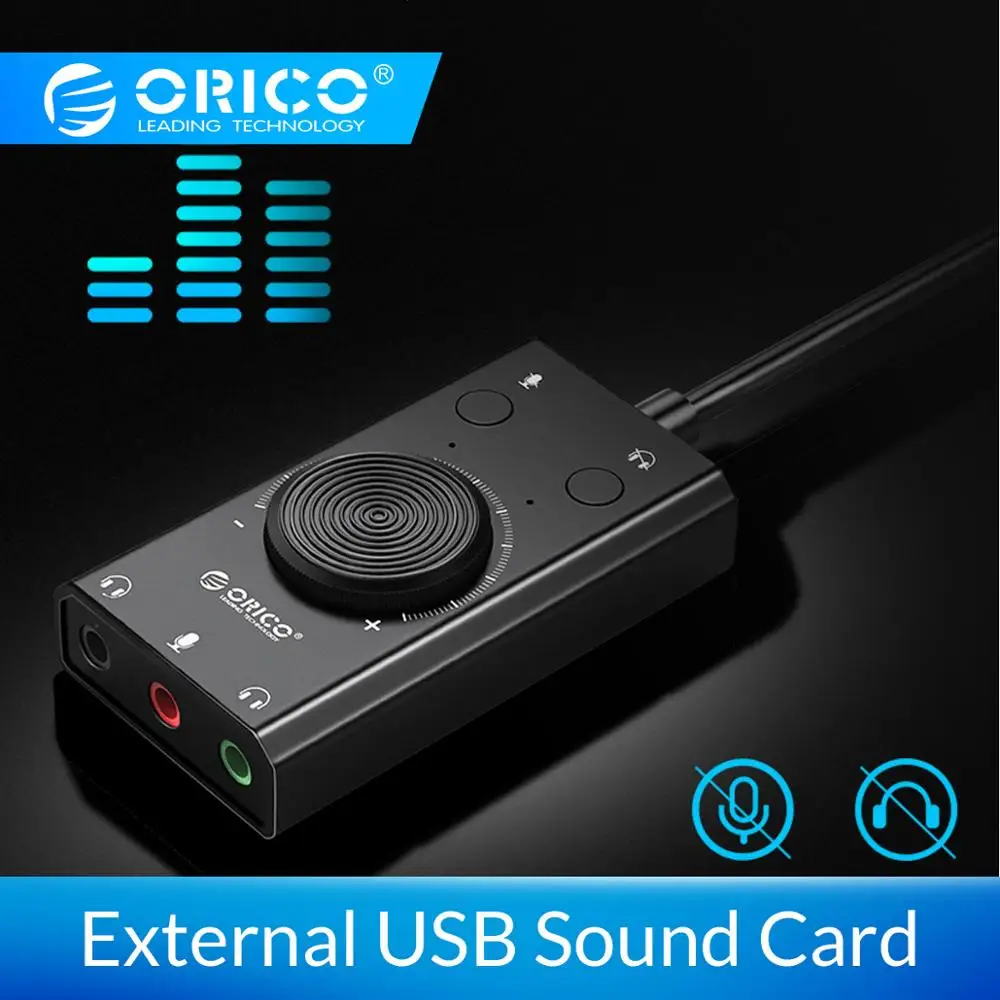 ORICO, внешняя USB звуковая карта, стерео микрофон, динамик, гарнитура, аудио разъем, 3,5 мм, кабель, адаптер, отключение звука, регулировка громкости, свободный привод