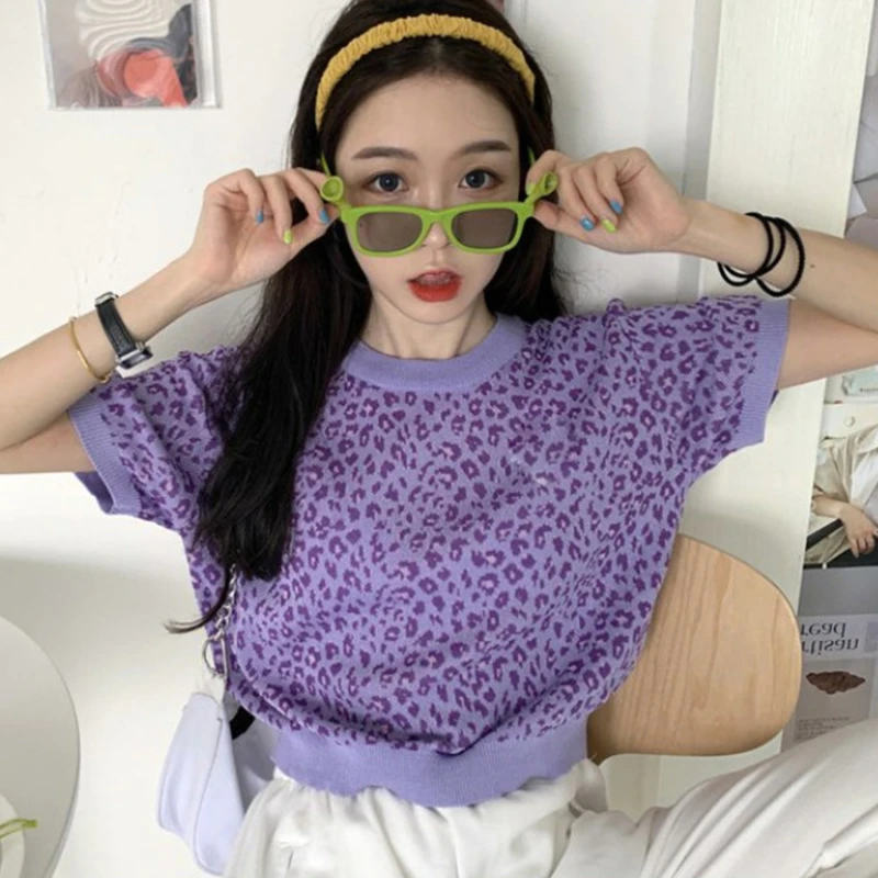 

2021 Summer New T Shirt Retro Chic Fashion Loose Wild Leopard Print Short-sleeved Pullover Women Short Top