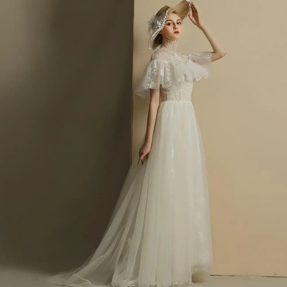 Винтажное Тюлевое свадебное платье с высоким воротником в викторианском стиле