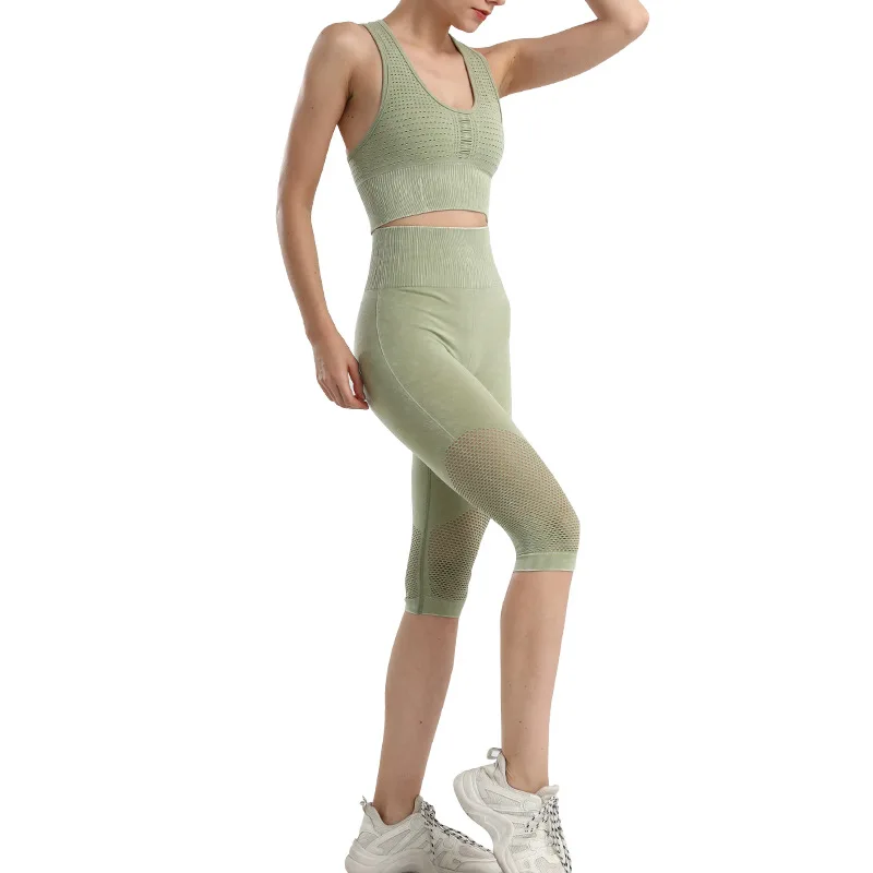 

WILK super elastic yoga fitness suit mesh breathable nude leggings yoga five-point pants seamless beautiful back sports bra set