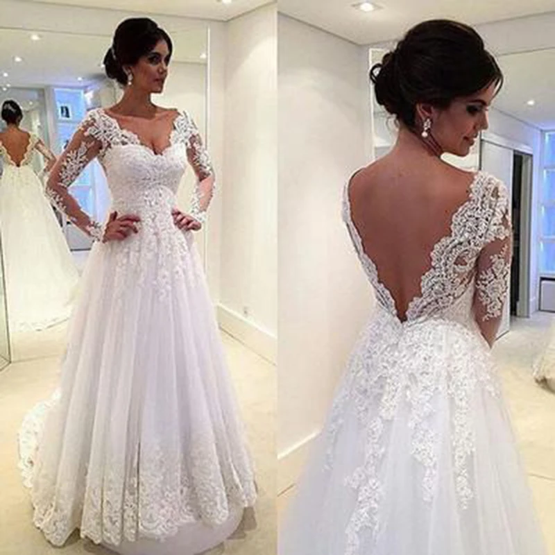 

Graceful On Sale Lace Long Sleeves Bridal Wedding Dresses Backless Plunge V Neckline Appliqued Wedding Gowns for Bride A Line
