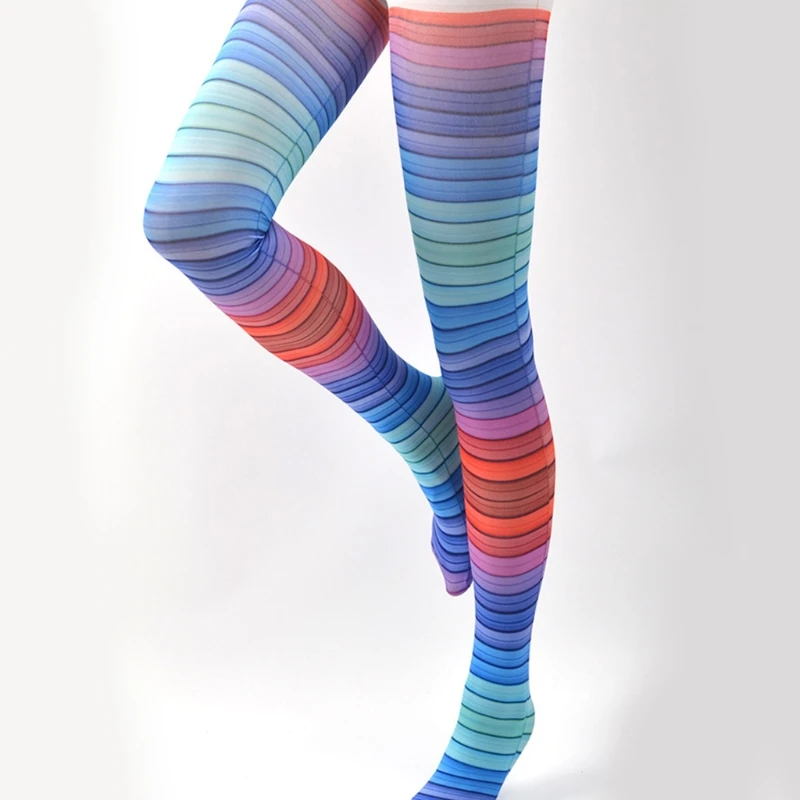 

Women Gradient Rainbow Striped Printed Pantyhose Harajuku Colorful Patterned Skinny Leggings Jacquard Footed Tights