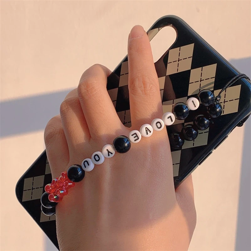 

Popular Red Resin Bear I LOVE YOU Confession Letter Black Round Beads Mobile Phone Chain Men And Women Anti-Lost Lanyard Jewelry