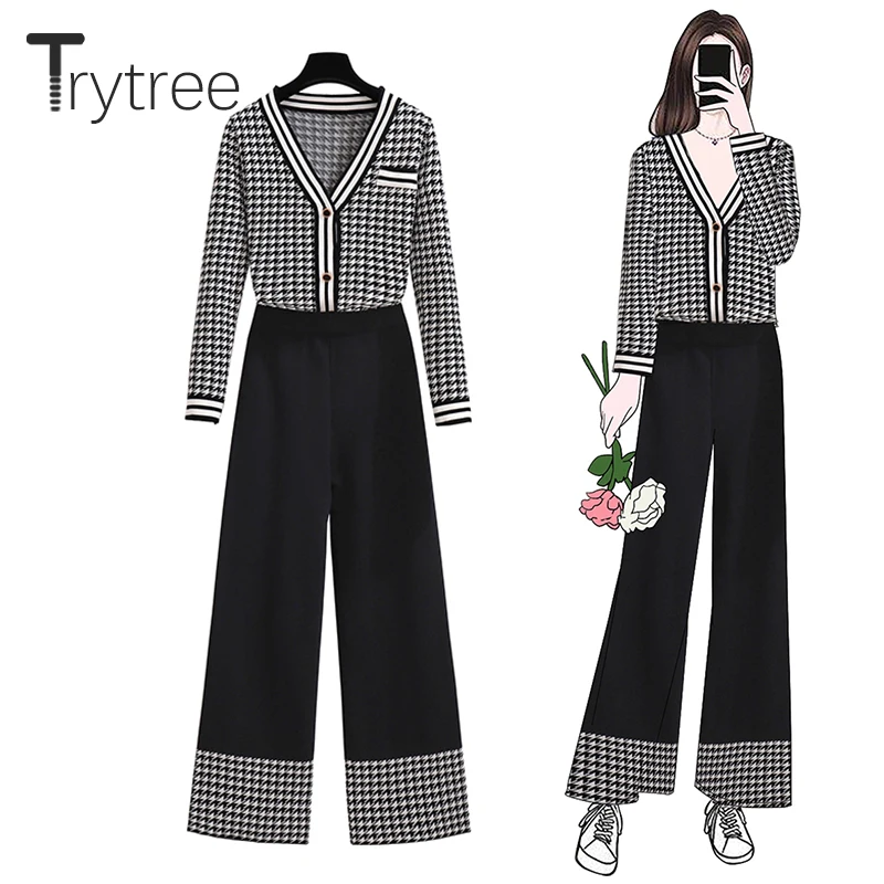 

Trytree 2020 Autumn Winter two piece Women Sets Casual Plaid Cardigan + Pants Wide Legs Office Lady Knitted Suit 2 Piece Set