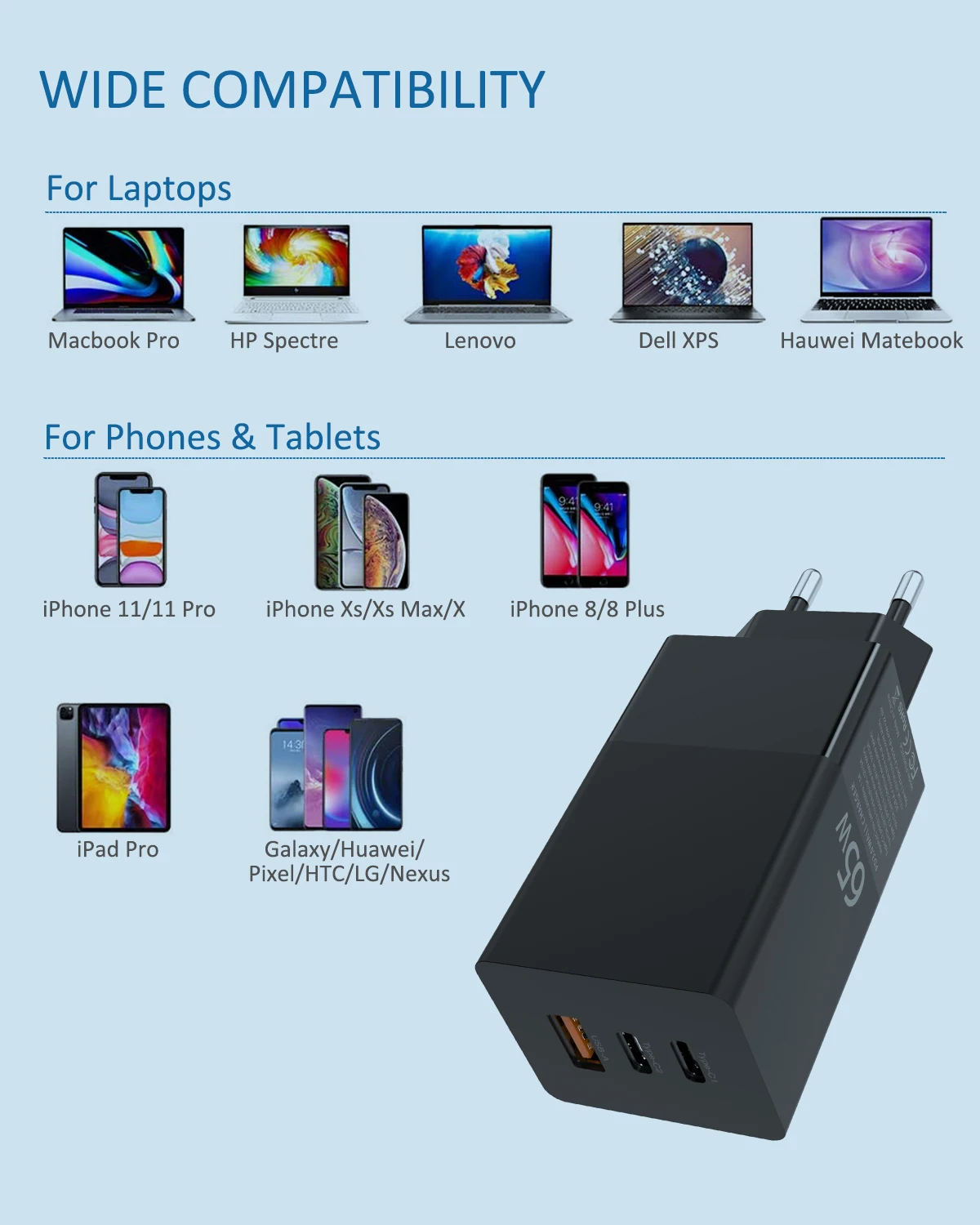 65w ган usb c pd magsaf адаптер питания 3 пор