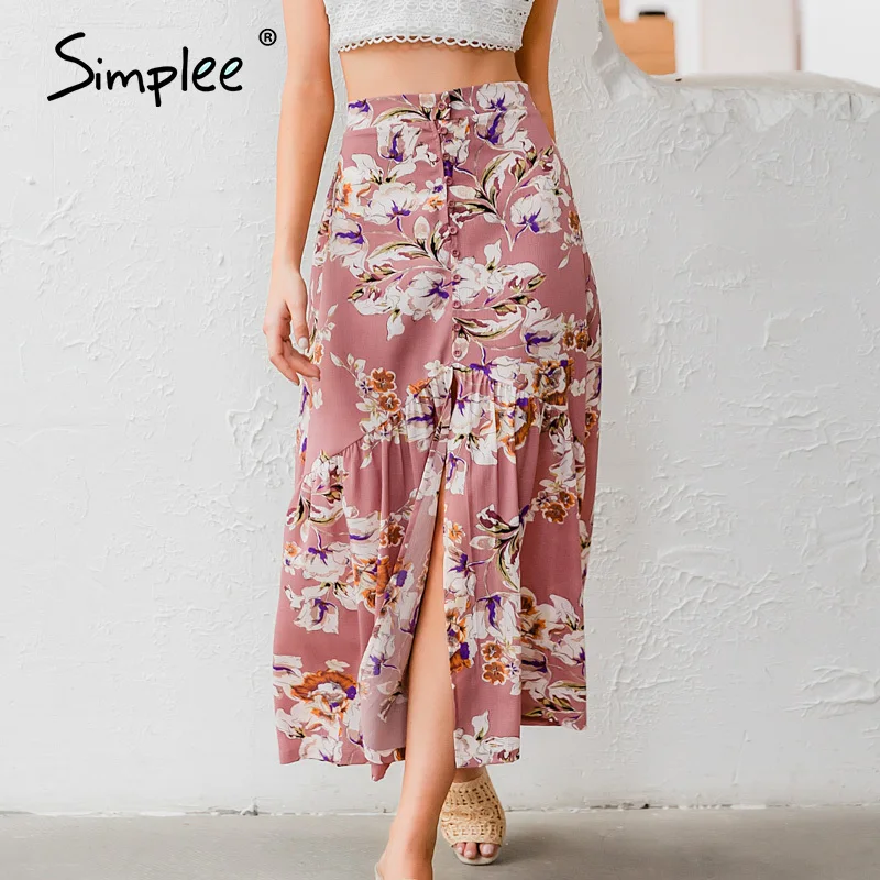Женская юбка с высокой талией и цветочным принтом Длинные пуговицы для юбки