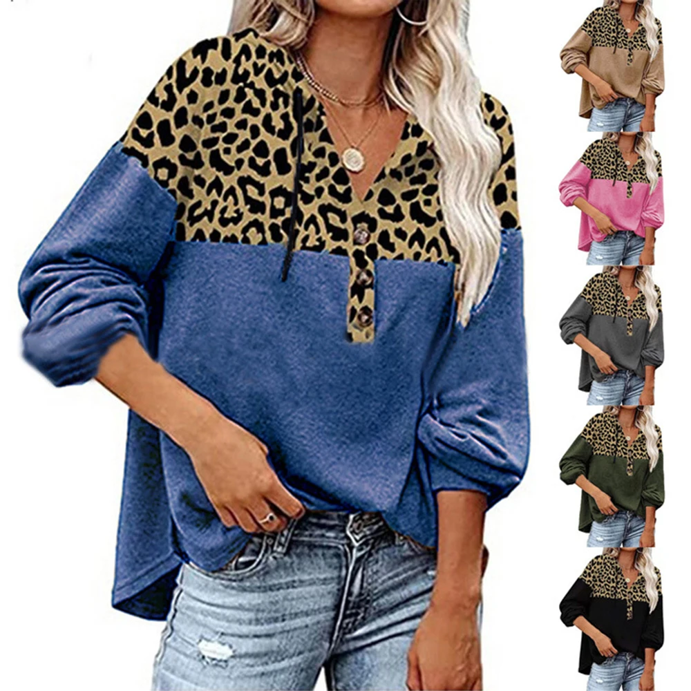 

Autumn Leopard Print Sweatshirts 2021 Women Fashion Long Sleeve V-neck Splicing Streetwear Hoodie Ladies Loose Casual Pullover