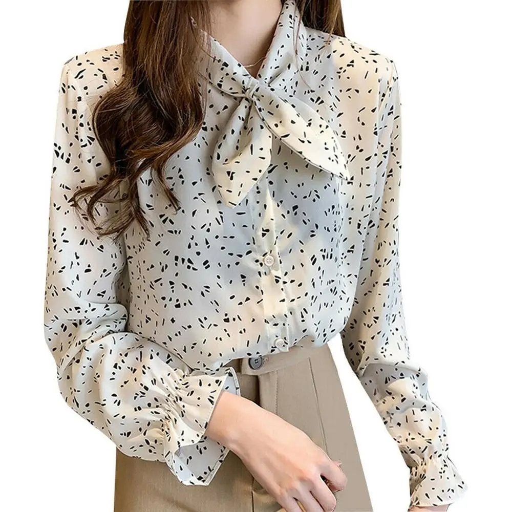 

Fashion Women Chiffon Flare Sleeve Bow Bandage Print Loose Formal Top Blouse