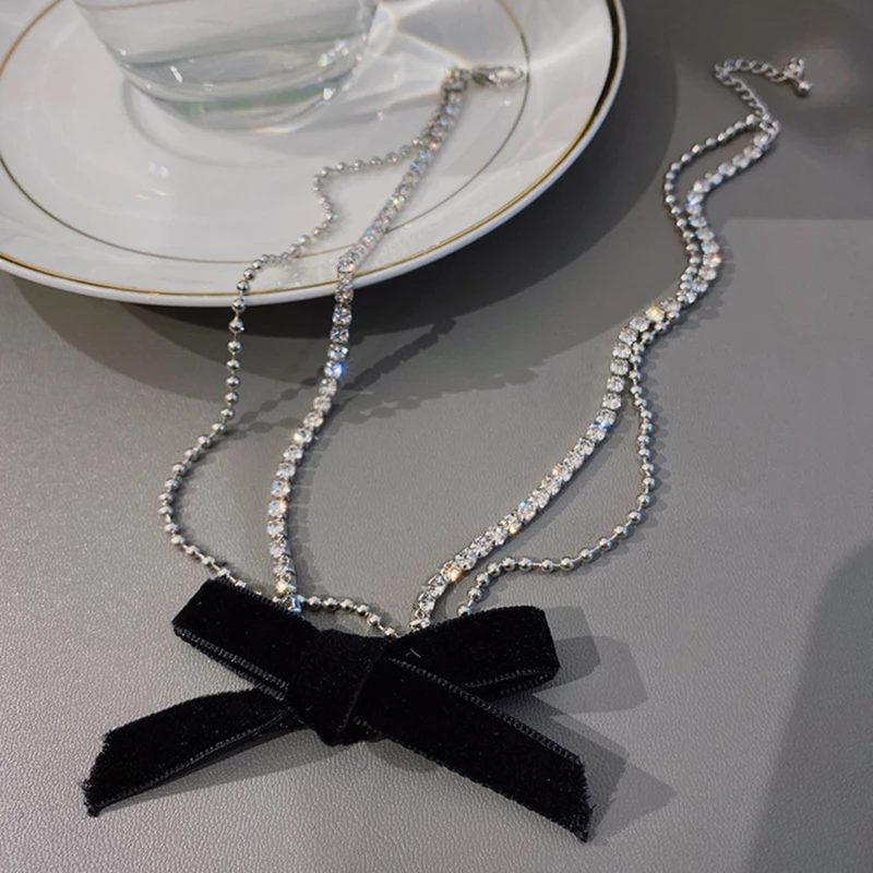 Роскошные шикарные Стразы ожерелье с бантиком для женщин и девушек черный