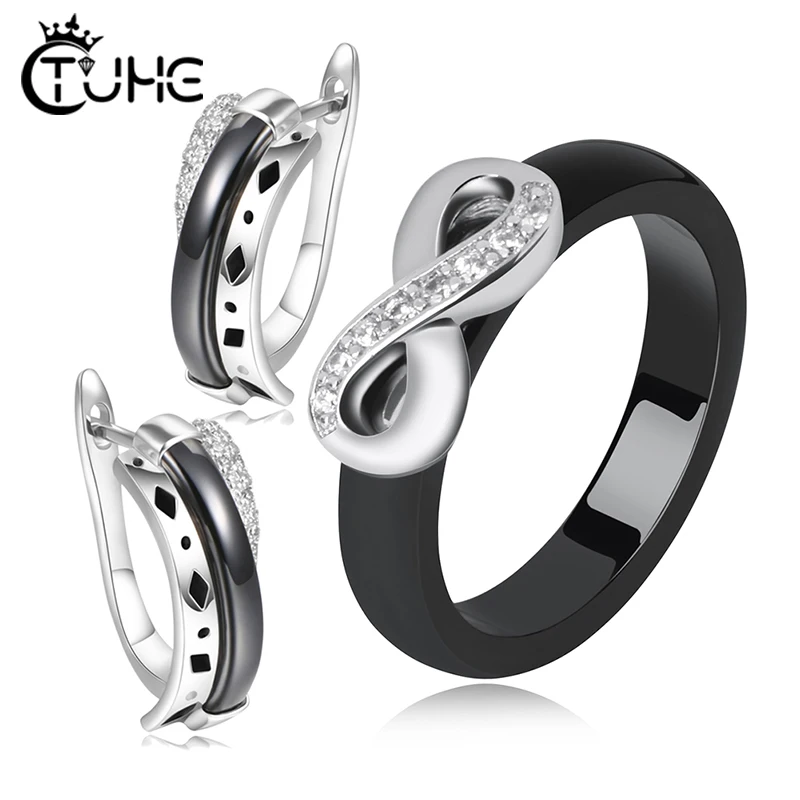 Набор украшений из керамики Свадебный комплект сережек гвоздиков стразы кольцо