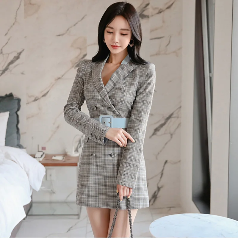 

Женское двубортное платье-Блейзер, винтажное короткое клетчатое платье с поясом и высокой талией, 2019