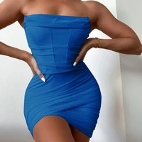 dress woman elegant party blue dress women backless sexy bodycon dress pleated commute high waist mini dresses 2022 new