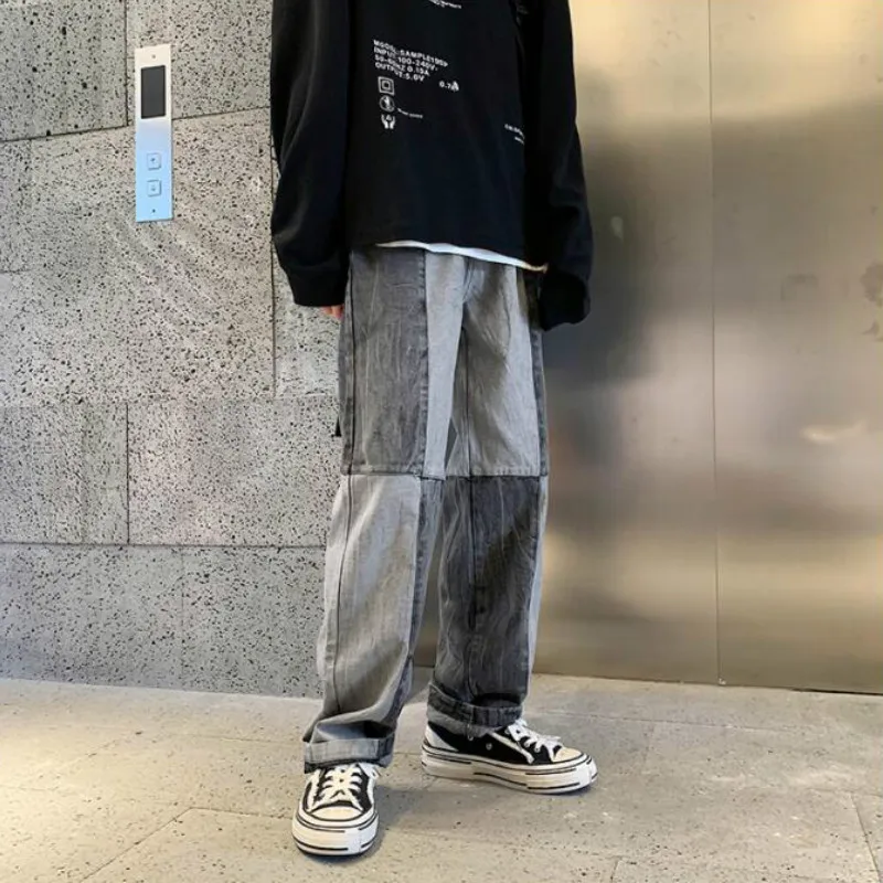 

Men Jeans Patchwork Straight Wide Leg Loose Plus Size 3XL Streetwear Students Hip Hop Vintage All-match Fashion Casual Daily New