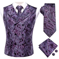 hi tie purple paisley floral silk men slim waistcoat necktie set for suit dress wedding 4pcs vest necktie hanky cufflink set