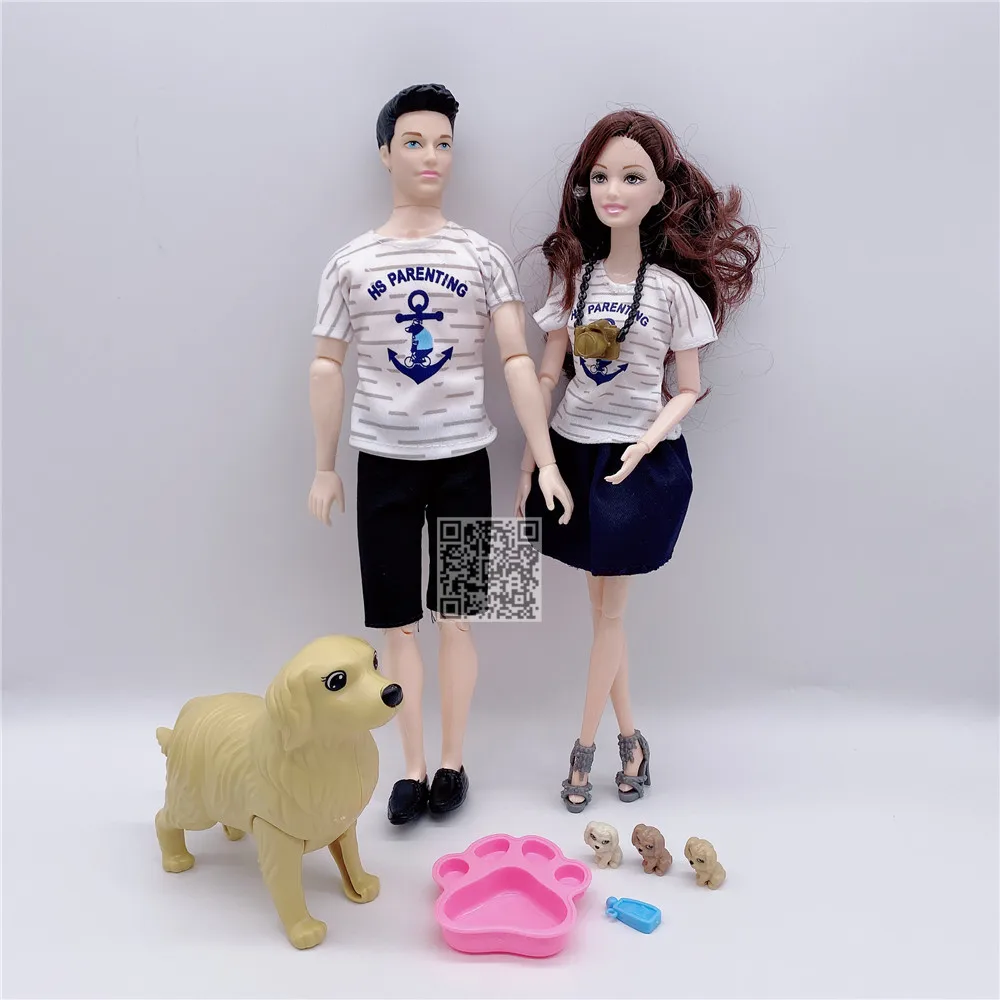 

11.5 inch multi-joint fashion doll family combination package dad / mom / daughter / son / puppy child birthday gift plastic toy