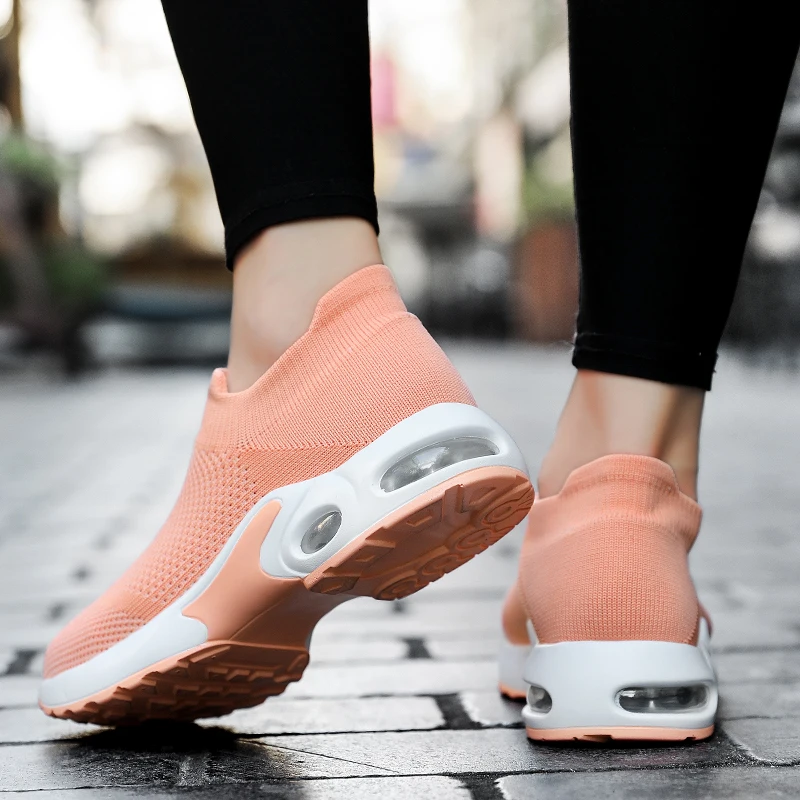 Women's Sneakers Fashion Breathable Walking Shoes Sport Slip-on Air Cushion Lightweight Socks Shoes Solid Color