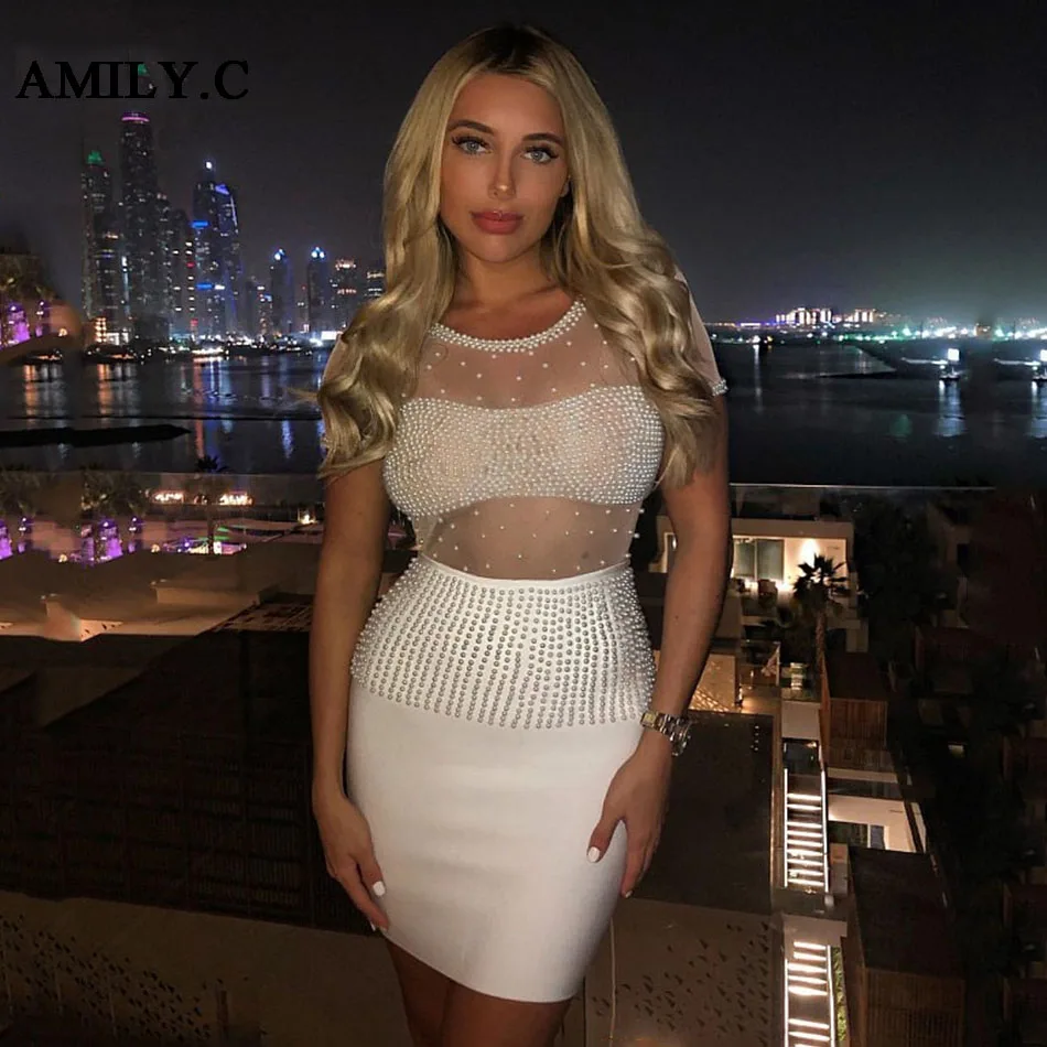 Amily. c2019 осеннее женское Бандажное мини-платье, вечерние платья знаменитостей, сексуальное облегающее Сетчатое ажурное платье с круглым вырезом и бисером Vestidos