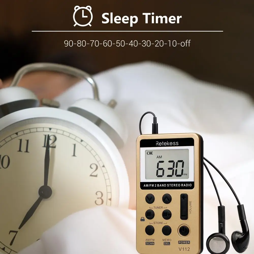 

Retekess V112 Mini Pocket Radio FM AM 2 Band Radio Receiver Digital Tuning with Rechargeable Battery & Earphone F9202