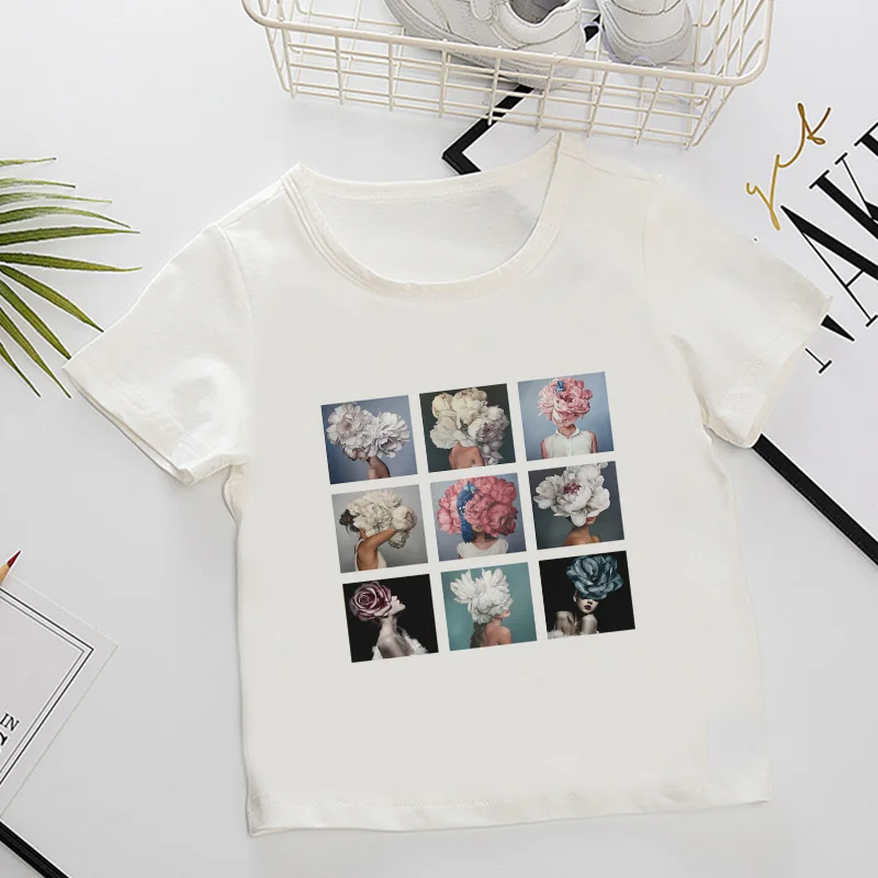 

New On-line Summer Toddler Shirt Boy Girl T-shirt Flower Feather Oil Painting Vintage Print Simple Design Harajuku T-shirt Kids
