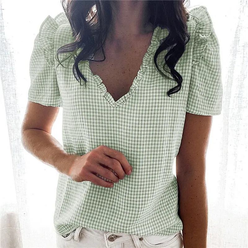 

New Casual Women Short Sleeve Ruffle Blouse Shirt Elegant Plaid Printed V-neck Tops 2021 Summer Female Fashion Pullover Blouses