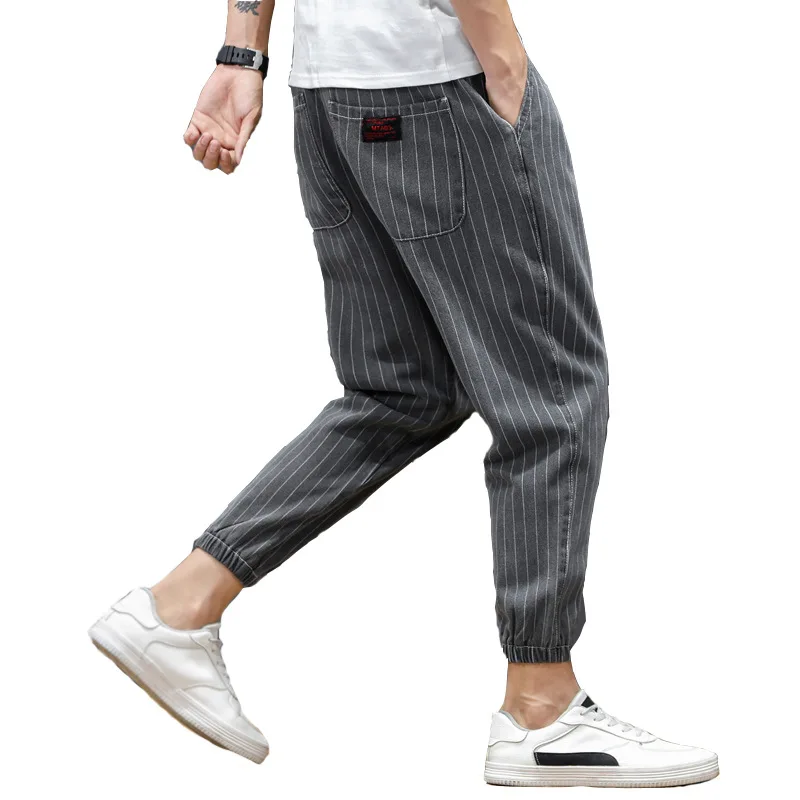 

Ropa De Hombre 2020 Hot Style Lace-up Elastic Waist Striped Jeans Male Harem Cropped Trousers Youth Loose Plus Size Trousers