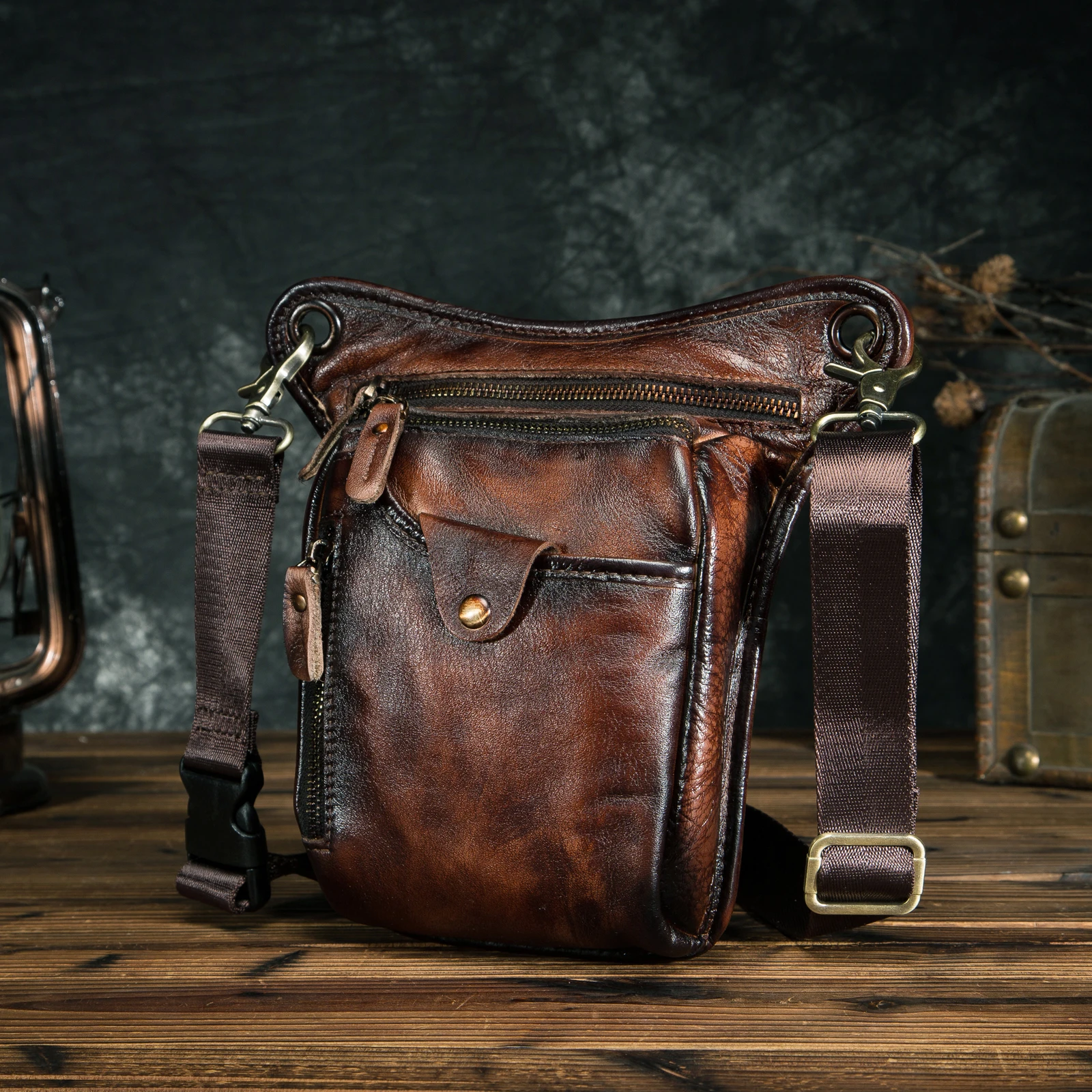 

Genuine Leather Men Design Casual Brown Classic Shoulder Sling Bag Fashion Travel Fanny Waist Belt Pack Leg Bag 211-5-dc