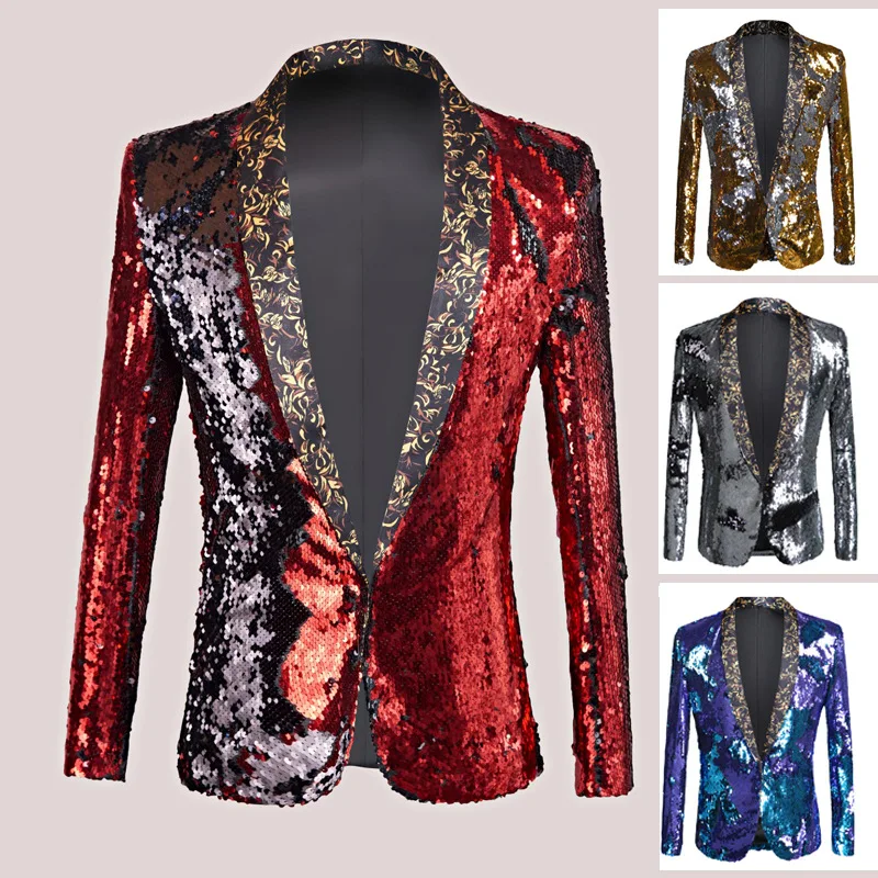 

Fashion Shining Sequins Men Blazer 2020 Singer Stage Costume Nightclub Bar Wedding Groom Suit Jacket 4 Colors Available