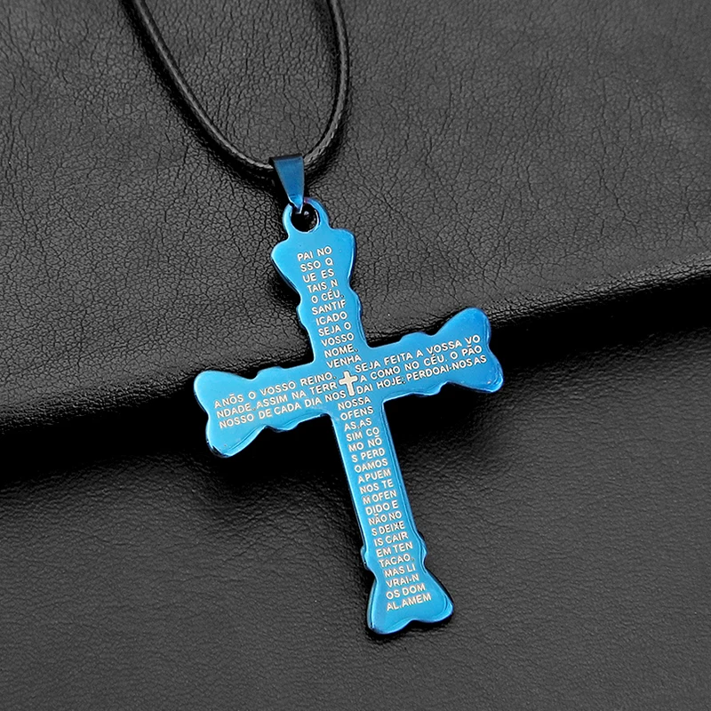

Trendy Spanish Lord's Prayer Men Titanium Steel Bible Cross Necklace Women Stainless Cross Pendants Rope Chain Jewelry Gift