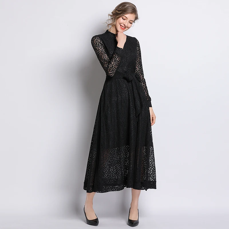 Платье женское кружевное с длинным рукавом Элегантное Длинное Вечернее розовое