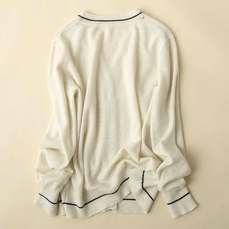 

Women Cardigan Fashion Casual Pure Wool V-Neck Knitted Long Sleeve Spring And Autumn Thin Loose Sweater Coat Two Fake Pockets