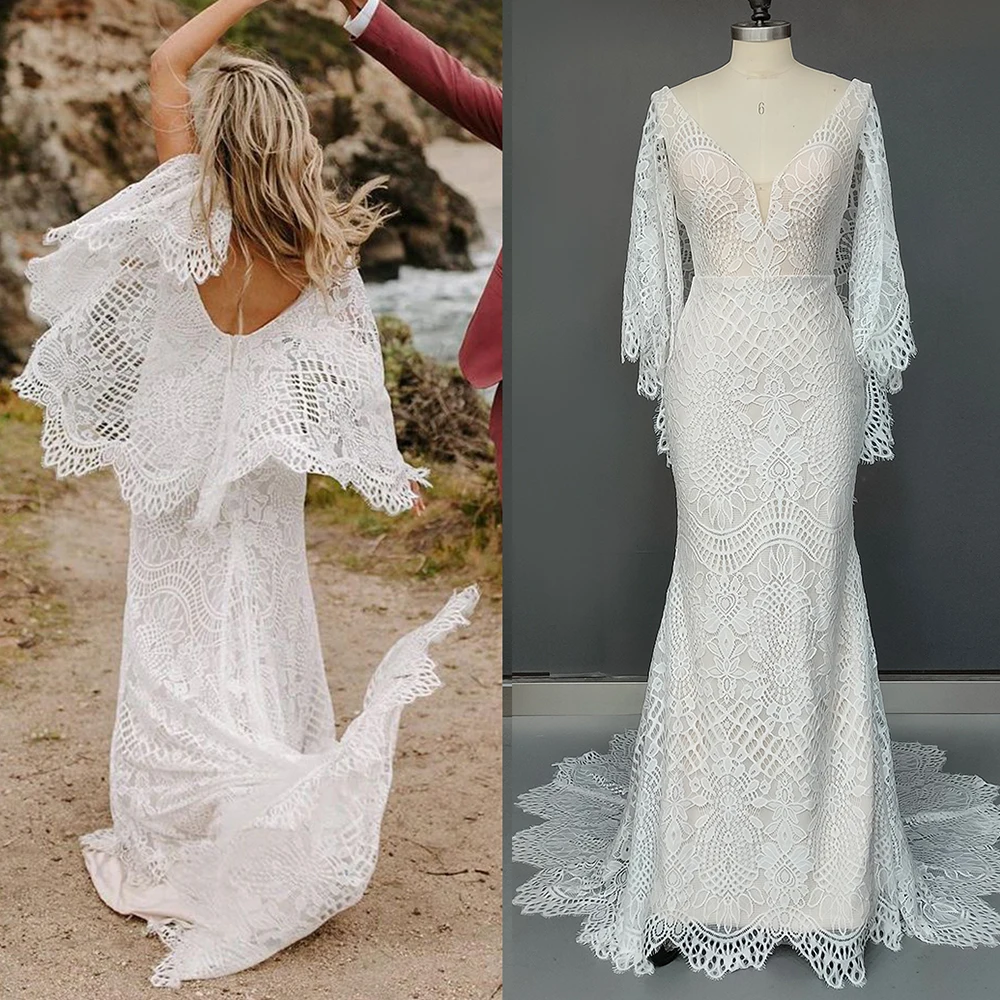Cascading Flutter Sleeves Graphic Lace Wedding Dress V Neckline Backless Custom Made Rustic Boho Mermaid Fitted Bridal Gown