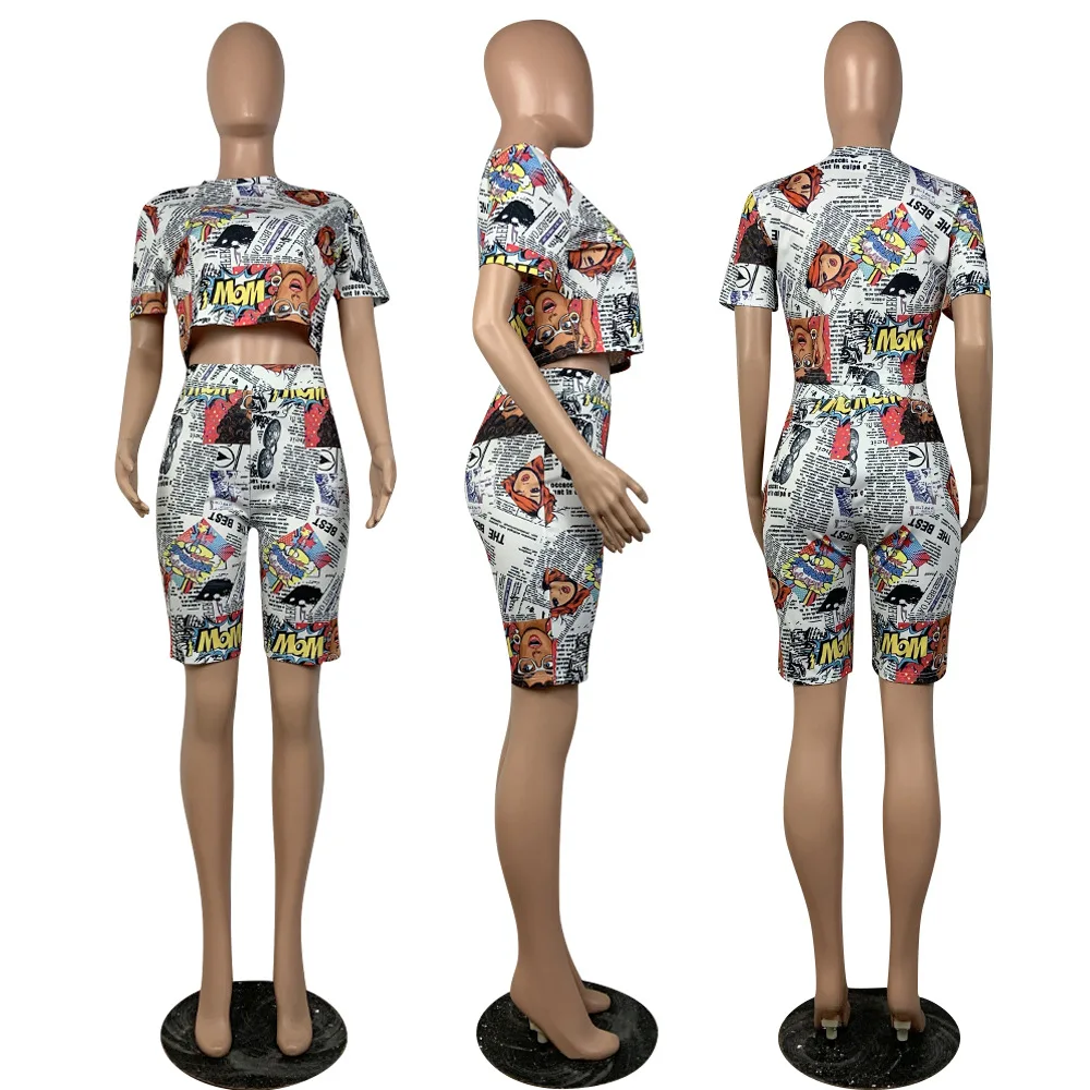

Summer 2020 women's fashion street print two-piece tracksuit short-sleeved o collar blouse + shorts suit