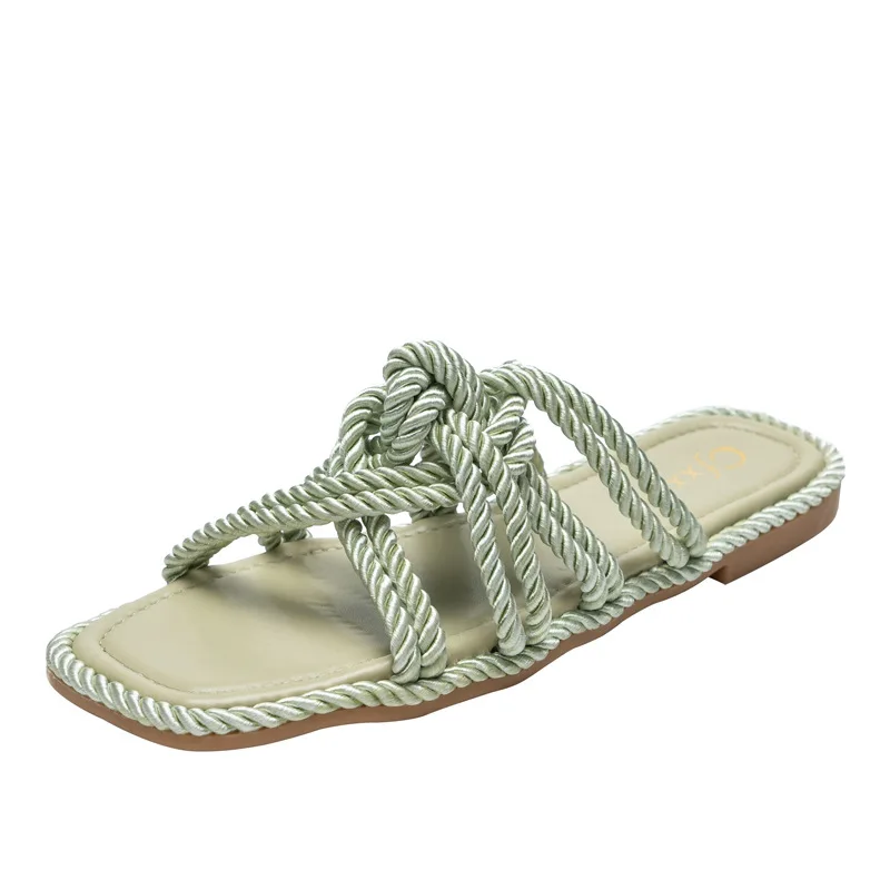 

Women Slippers Personality Hemp Rope Upper Design Flat Sandals Women Casual Solid Color Square Toe Hollow Flat Heel Woman Shoes