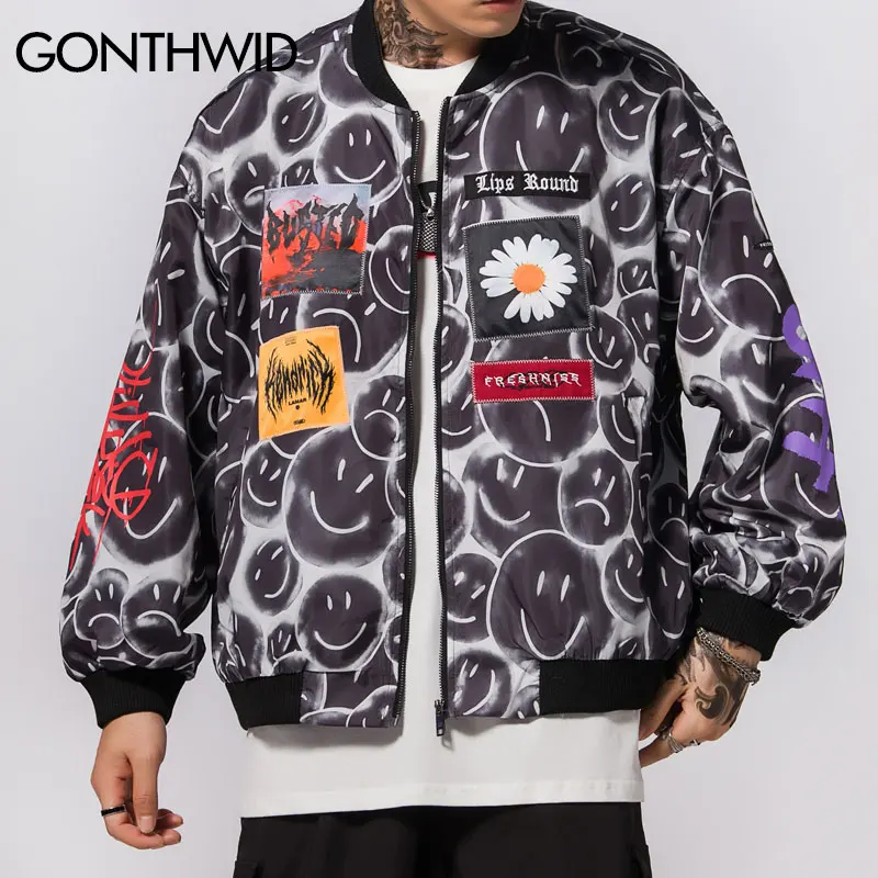 GONTHWID граффити смайлик печати маргаритки Лоскутные бомберы куртки Уличная