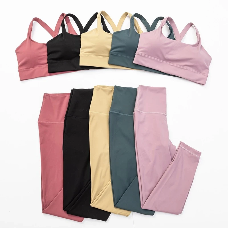 

New Women Gym Yoga Set Sports Suit Stretchy High Waist Athletic Exercise Fitness Leggings Activewear Pants Training Tights