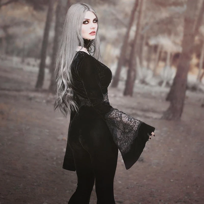 Женский винтажный Топ с длинным рукавом черный облегающий кружевной топ