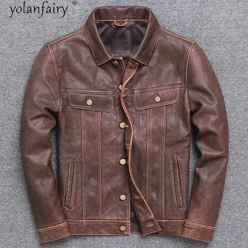 

High Quality Real Leather Jacket Men Clothing short Cow Leather Coat Men Motoecycle Jacket for Men Style Veste Cuir Homme 2021