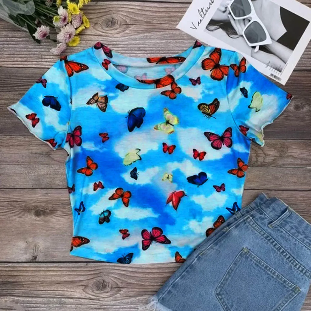 Женская футболка с принтом облаков и бабочек Пляжная Повседневная облегающая