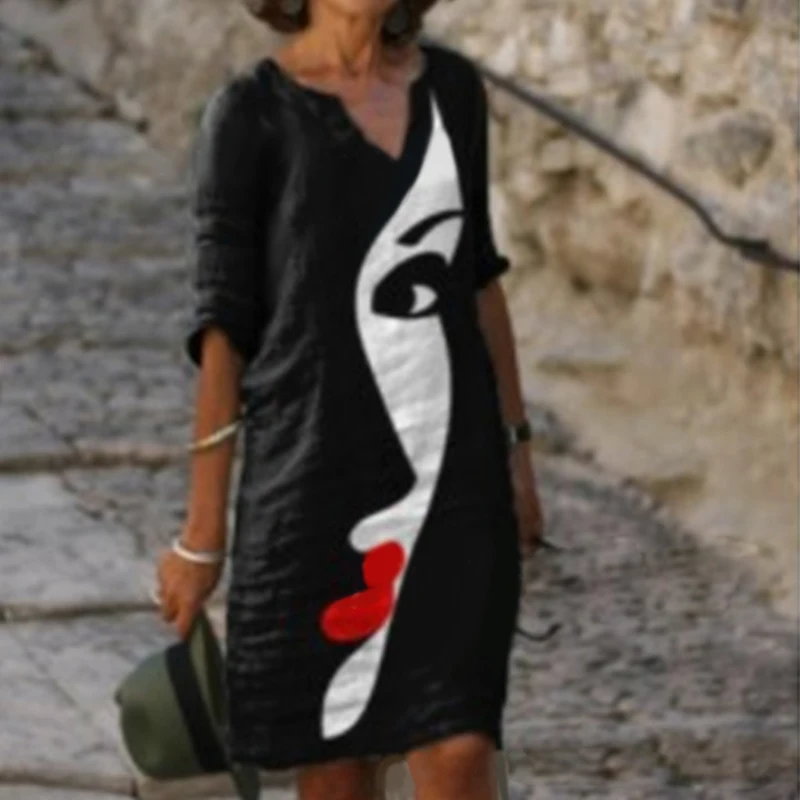 

Vintage Abstract Face Printed A-Line Party Dress Women 2021 Summer V-neck Half Sleeve Mini Dress Plus Size Casual Dresses
