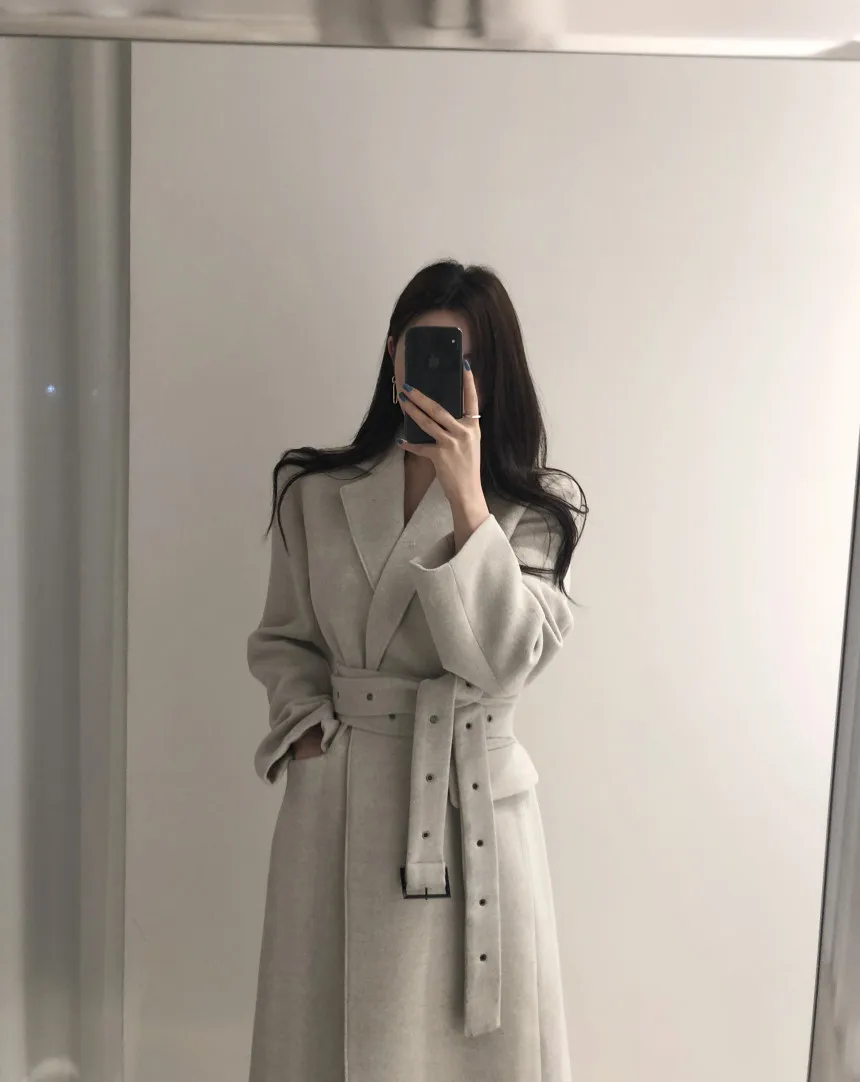 Hebaoli new fashion korean chic vintage style elegant lace up waistband slim long winter windbreaker woolen coat western women