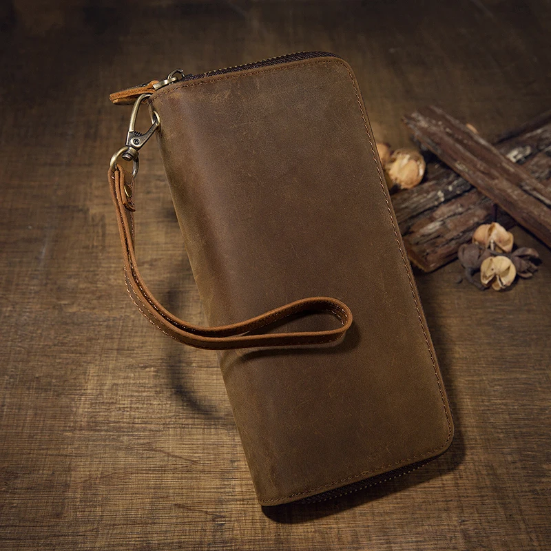 Мужской Длинный кошелек с двойной молнией crazy horse мужской деловой Повседневный