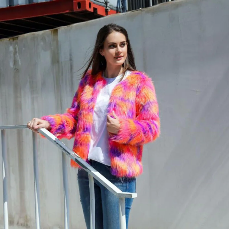 

2019 Women New Imitation Fur Coat Jacket Winter Outerwear Long Sleeve Rainbow Color Loose Faux Fur Overcoat Fashion Fur Coats