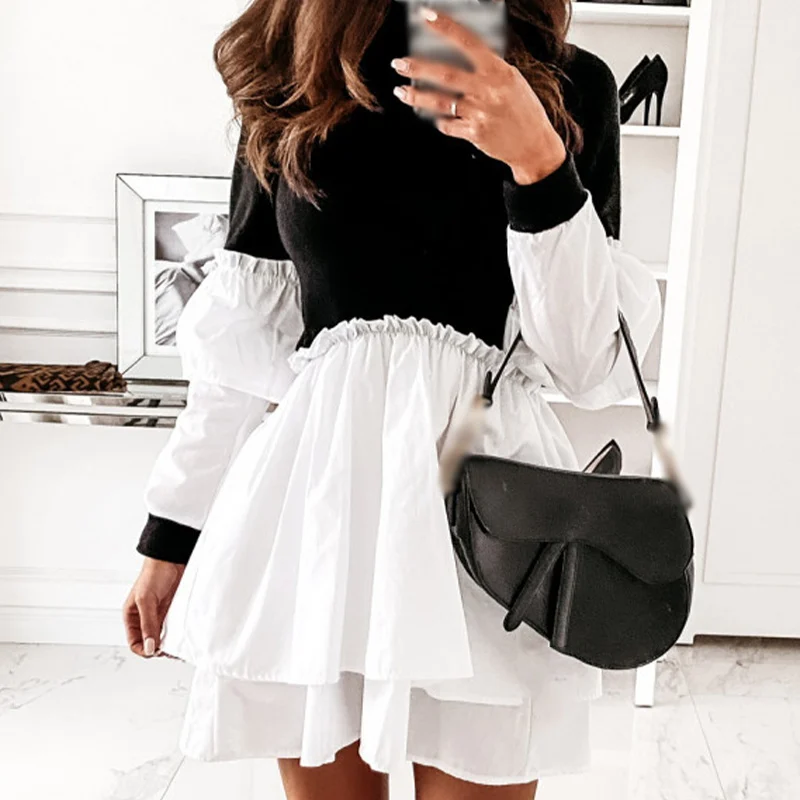 Женское белое платье рубашка в стиле пэчворк из искусственной кожи весеннее