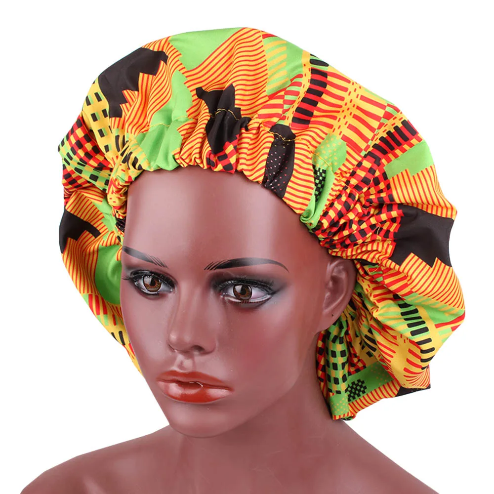 Зеленый Extra Large Satin Lined African Bonnet Stretch Print Women Turban Ankara Bonnets Cap Hair Accessories - Цвет: Зеленый