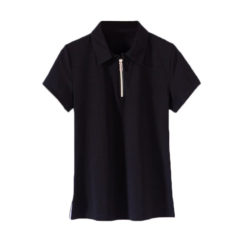 

2022 Summer New Lapel Zipper Short Sleeve Polo Shirt Women's Fashion Slim Casual Cotton Pure Color Wild Bottoming Shirt