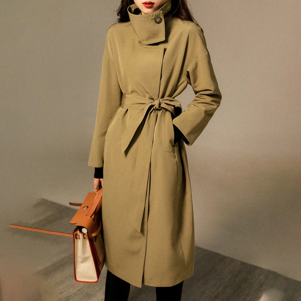 

Trench Coat Women 2021 Autumn New Collection Womens Cloak Warm Windproof Stand Collar Women Coat Autumn Trench Windbreaker