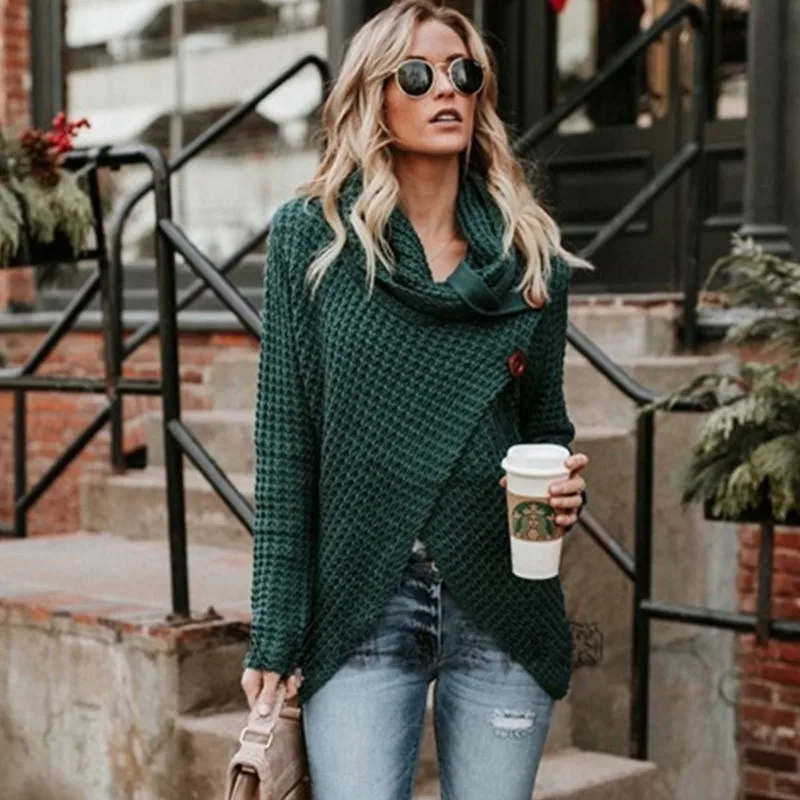 

Женский вязаный свитер-водолазка SHZQ Gentillove, Повседневный пуловер с длинным рукавом, винтажный джемпер на пуговицах, топы оверсайз, Осень-зим...